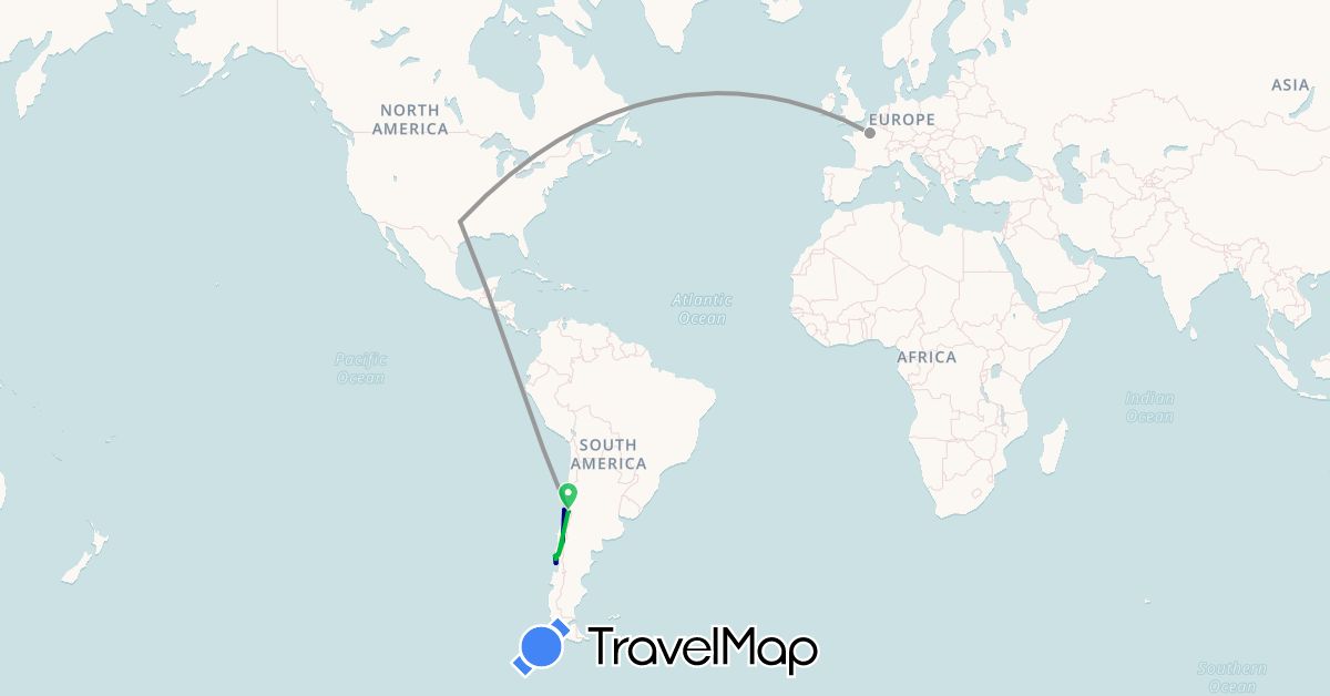 TravelMap itinerary: driving, bus, plane in Chile, France, United States (Europe, North America, South America)